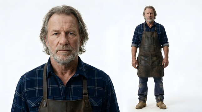 Composici&oacute;n de retrato y figura completa de un artesano senior con delantal de cuero y camisa de franela