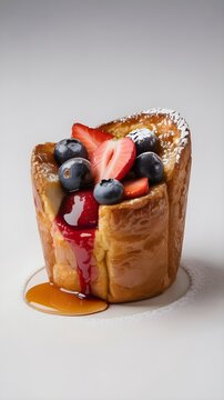 Pastel individual o pan tostado relleno con fresas, ar&aacute;ndanos y jarabe sobre fondo blanco