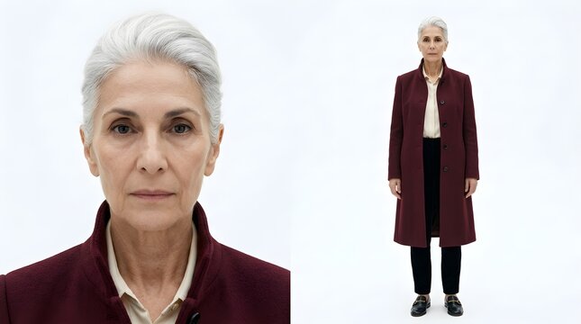 Composici&oacute;n de retrato y cuerpo entero de una mujer senior elegante con abrigo granate sobre fondo blanco