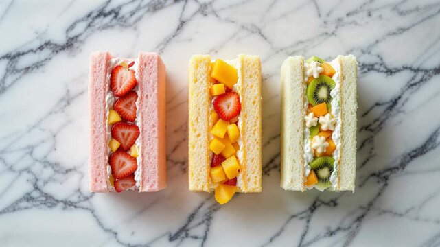 Top view of delicious Japanese fruit sandwiches with whipped cream on a marble background