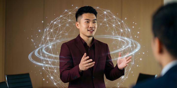Fictional East Asian nonbinary professional in their late thirties with an undercut and a dark maroon suit in a warm neutral meeting space, leading an off-camera presentation with a confident