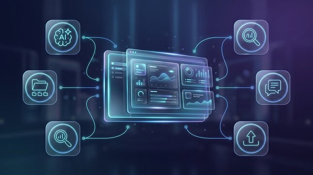 Advanced digital dashboard interface with financial analytics and cloud storage icons in a dark blue environment for data management and business intelligence reporting and visualization