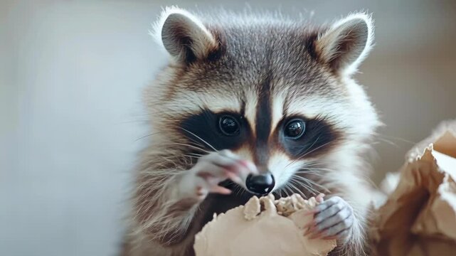 Small curious raccoon with big eyes holding a piece of cardboard and chewing on it