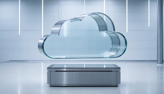 Photorealistic premium transparent cloud icon, representing secure digital data storage and advanced computing technology in a modern server environment