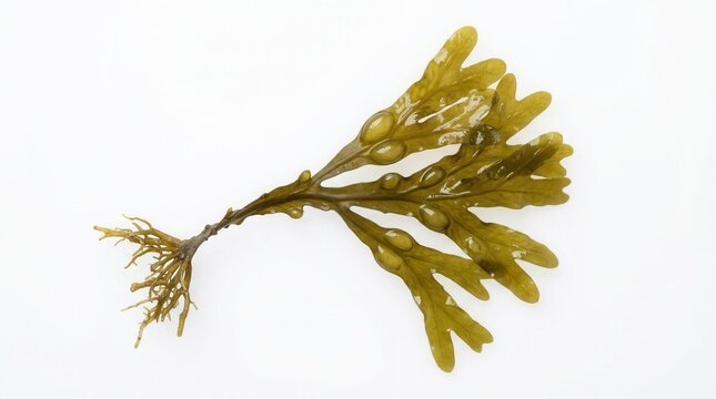 Clean white background featuring a highlighted strand of Fucus vesiculosus seaweed