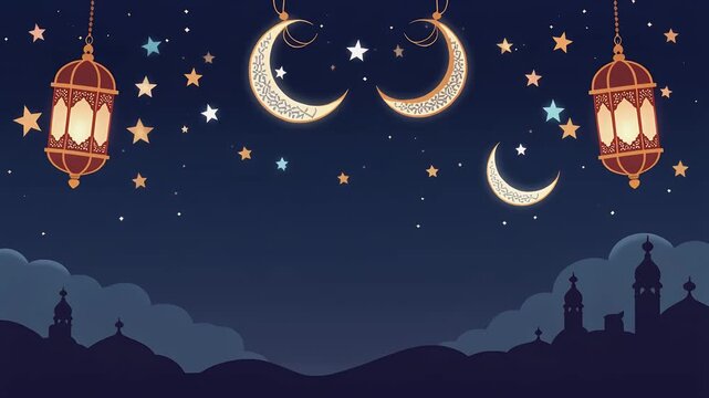 Islamic night sky with crescent moons, stars, and lanterns.