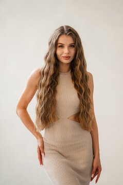 Indoor close-up portrait of woman with long wavy brunette hair wearing beige ribbed dress, smiling with soft neutral wall backdrop, fashion beauty focused image