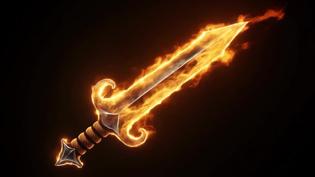A mystical sword engulfed in vibrant flames against a dark background.