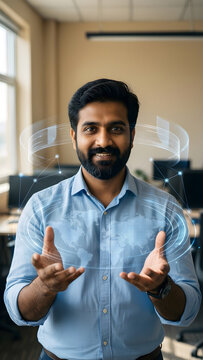 Fictional South Asian man professional in his early forties with a neat beard and a soft blue shirt in a sunlit flexible workplace, comparing two well-separated clusters of translucent data with one