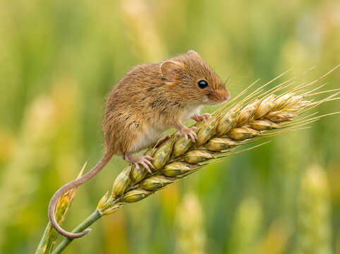 A cute harvest mouse perched on a stalk of wheat in a field.