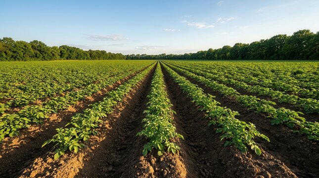 A panoramic view showing organic potatoes planted extensively in a rural farm field