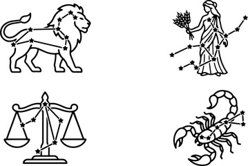 Fototapeta premium Astrology zodiac signs collection features lion, maiden, scales and scorpion line art.