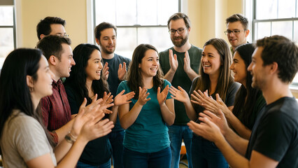 Fototapeta premium A coherent group of fourteen fictional Deaf and hearing adults communicating through expressive hand movement and attentive eye contact for Deaf community, inclusive communication