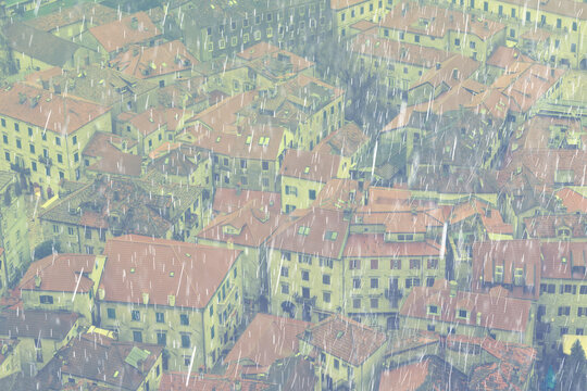 Autumn rain, the weather, the texture of falling drops against the backdrop of nature.