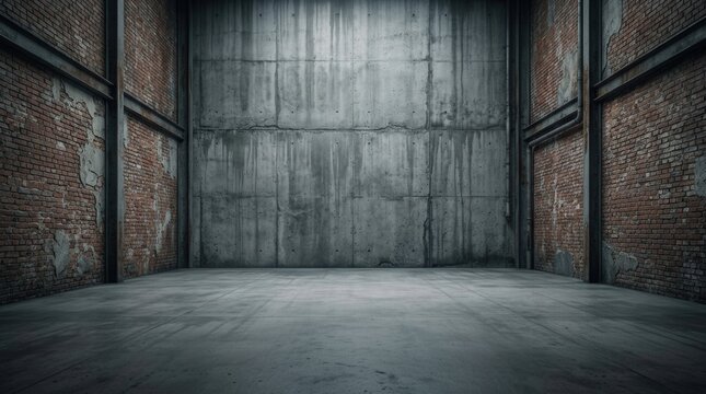 A grungy warehouse brick wall in an industrial setting along an empty urban street, ideal for copy space.