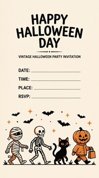 Vintage Halloween Party Invitation with Mummy, Skeleton, Black Cat, and Pumpkin.