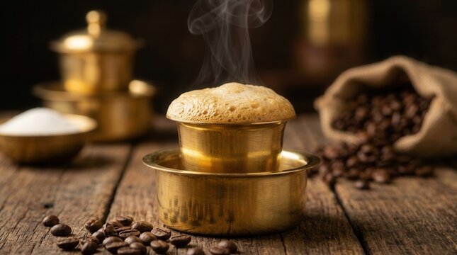 Serving hot South Indian filter coffee in a traditional brass vessel