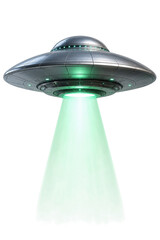 Fototapeta premium Silver UFO spaceship with green tractor beam on white background