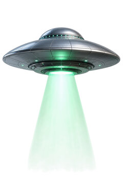 Silver UFO spaceship with green tractor beam on white background
