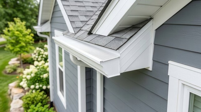A gutter protection system with white guards and soffit on an American home
