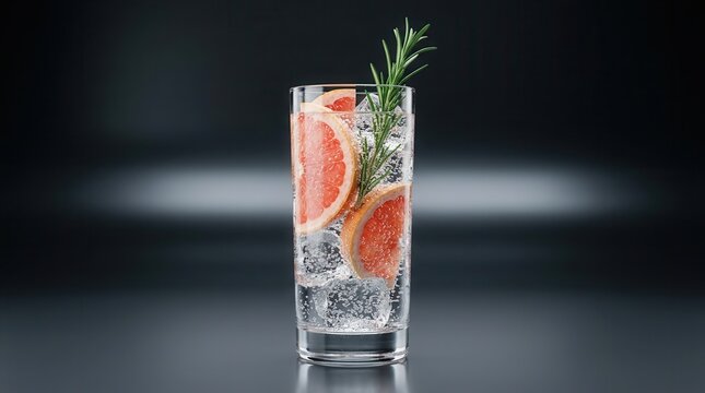 A sparkling hard seltzer drink garnished with rosemary and grapefruit slices
