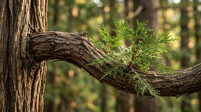 Close-up of an aged incense cedar branch featuring textured bark and fine foliage against a soft blurred background
