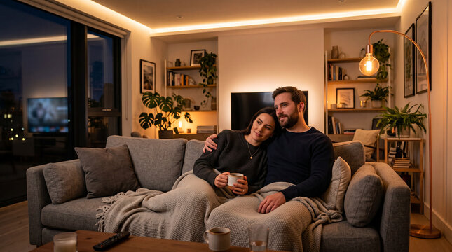 Relaxed couple cuddling under a blanket on a sofa in a cozy living room with warm ambient lighting at night