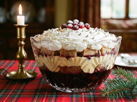 Classic English Sherry Trifle with Dark Cherry Gel&eacute;e and Cream on Tartan Cloth with Christmas Decor