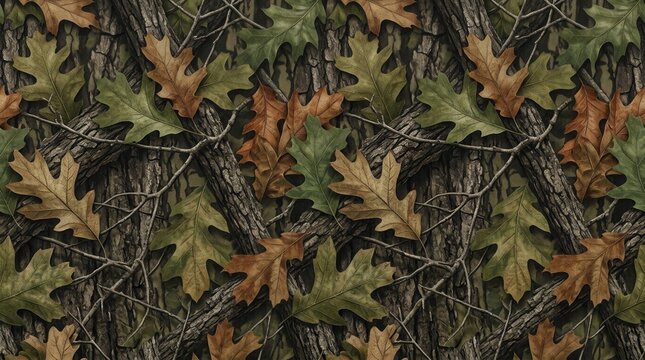 Seamless pattern of oak leaves and trees designed for military applications and realistic forest camouflage