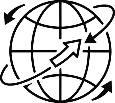 Global logistics network and worldwide shipping outline vector icon with circular arrows showing international transportation and delivery routes