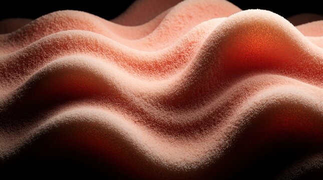 Macro view of organic pink waves with soft texture. Abstract curved surface shows flowing patterns in peach color. Smooth material forms gentle hills, valleys. Minimalist background design for