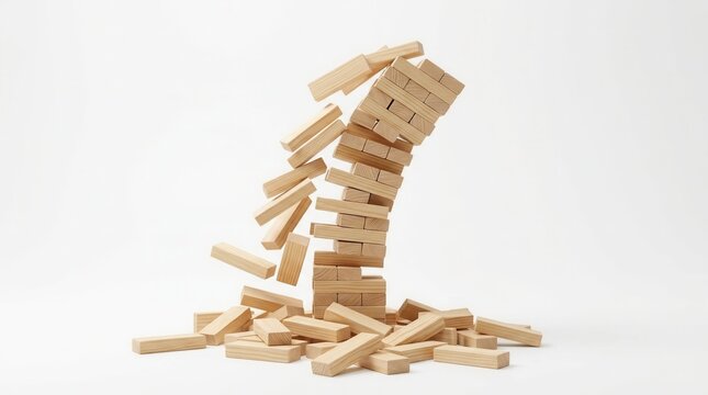 Wood block Jenga tower collapsing and unstable on a white background