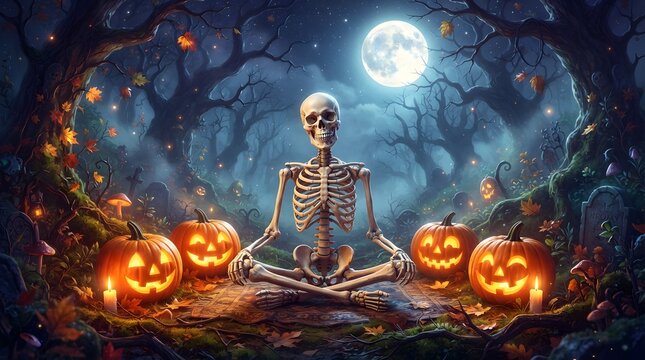 Skeleton sitting in a Halloween-themed forest scene with pumpkins and full moon