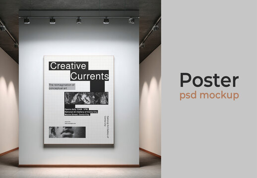 Poster Mockup PSD In Modern Gallery Room With Minimalist Wall Display