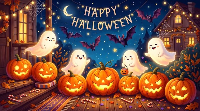 Children dressed in costumes carving pumpkins for Halloween celebration in decorated home with festive lighting