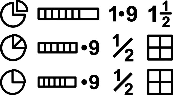 Mathematics icons display fractions, pie charts, bar scales, and numbers in black outlines.