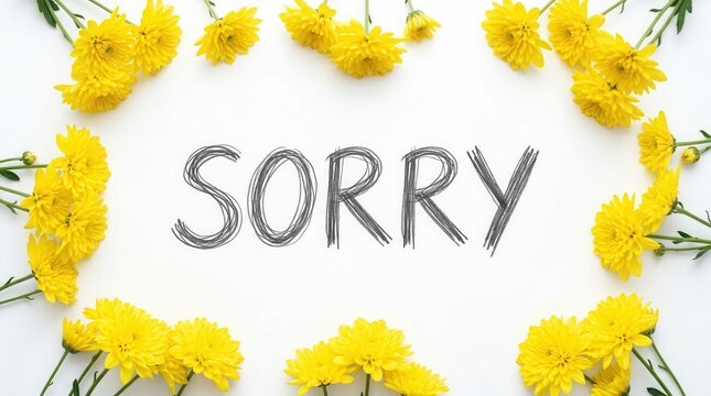 A handwritten sorry message framed by yellow flowers on a white background