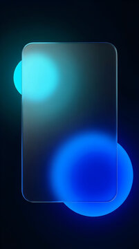 Frosted glass rectangle frame with glowing blue bokeh lights on dark background