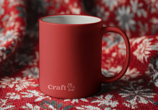 Red Mug Mockup With Festive Pattern PSD