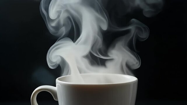 Steam rising from a white cup against a black background.