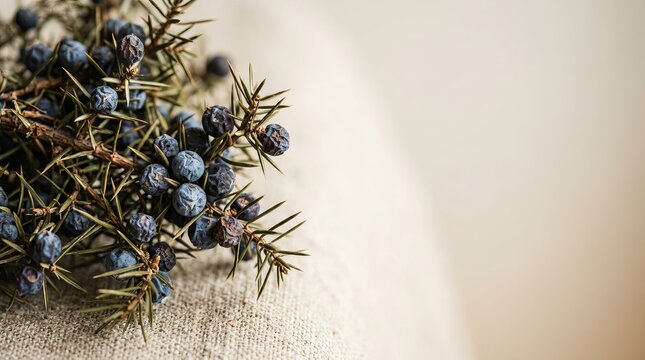 Dried wild juniper branches and ripe blue berries on a rustic light gray linen fabric background.