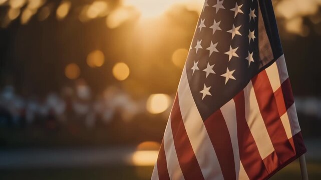 Close-up view of the American flag waving gently.