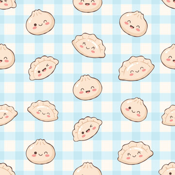 Cute seamless pattern with kawaii smiling dumplings on a blue checkered background