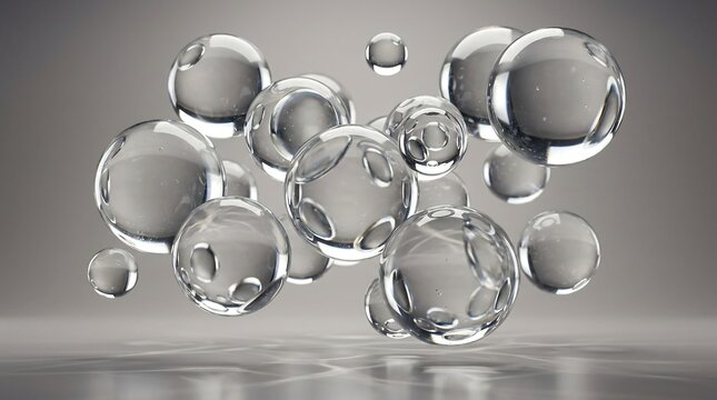 Floating transparent glass spheres arranged in a cluster on a grey surface