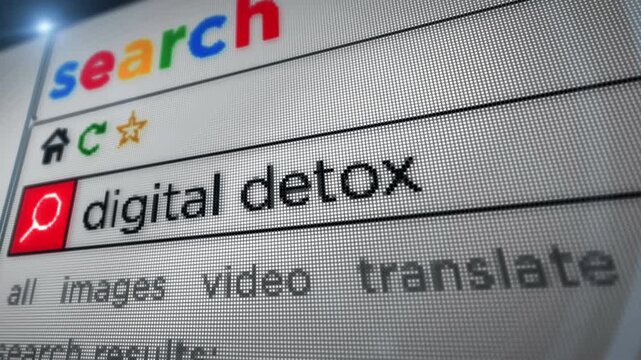 Digital detox text typing on browser screen. Searching internet with monitor pixel display macro view.