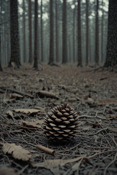 Pine cone resting on dry autumn leaves in misty pine tree forest