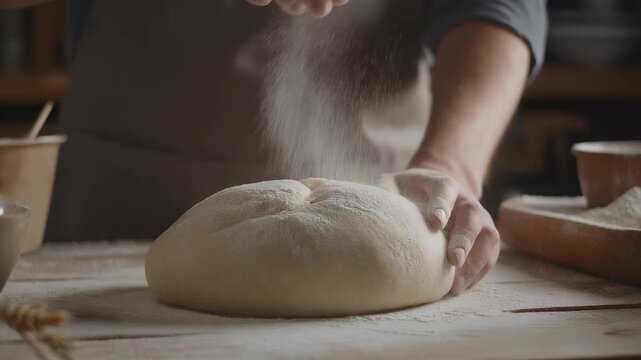 A baker dusts a ball of dough with flour.