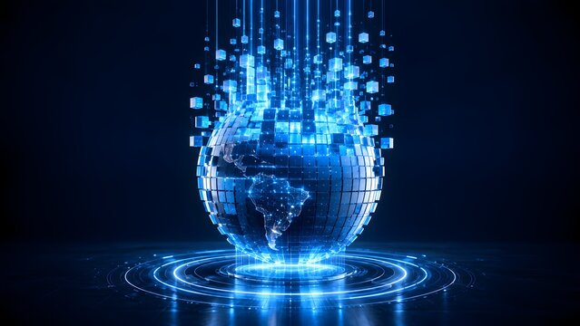 Digital earth globe transformation with glowing blue pixel cubes representing big data network and futuristic communication technology