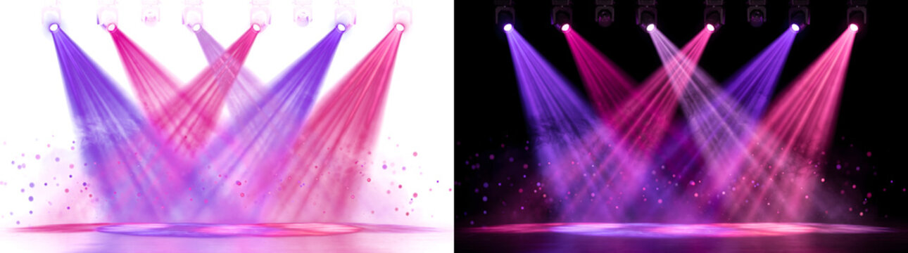 Spotlight beam showing multiple crossing purple and pink stage lights with fixtures in PNG, Transparent and Black Background