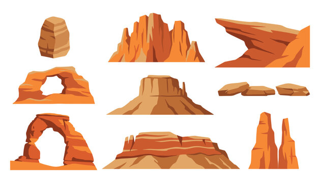 Desert rock formations vector illustration set featuring canyons stone arches monuments buttes cliffs and western landscape elements